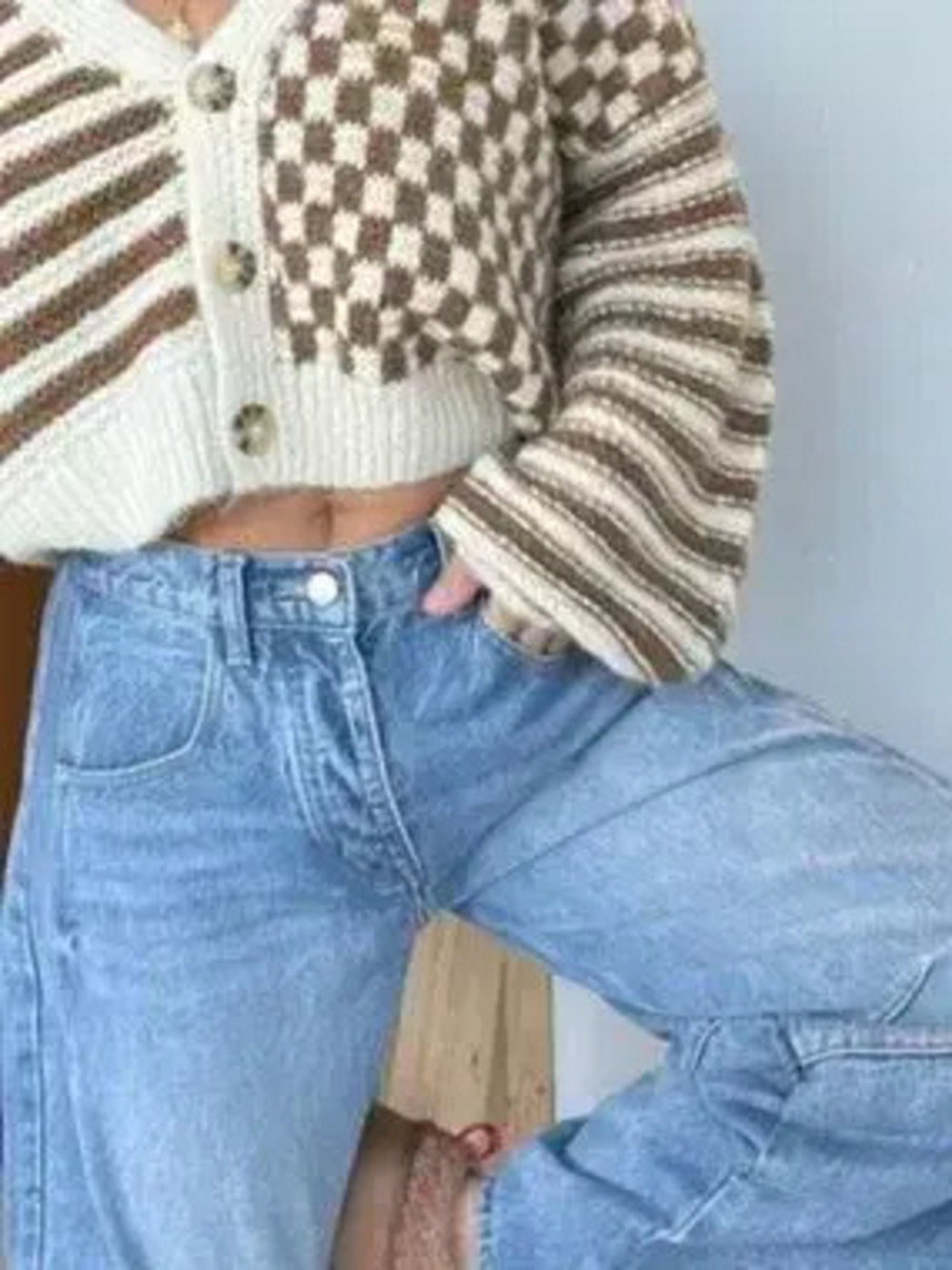 Checkered and Striped Pattern Button-Front Cropped Cardigan - Picture 5 of 5